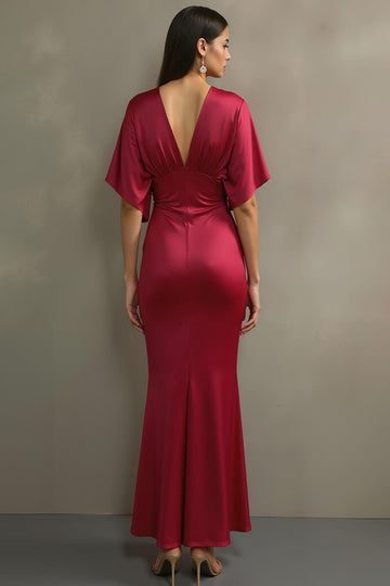 Fuchsia Satin Mermaid V-Neck Long Formal Dress